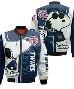 MLB Minnesota Twins Snoopy White Navy Blue Bomber Jacket