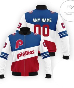 MLB Philadelphia Phillies Custom Name Number White Blue Bomber Jacket