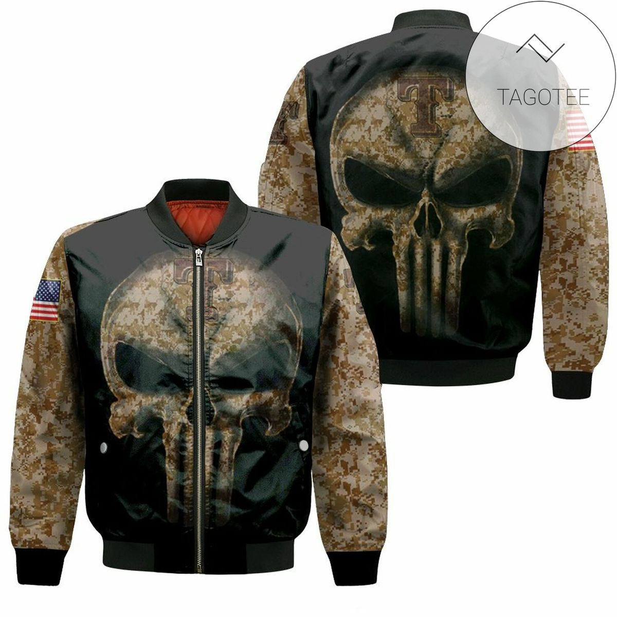 MLB Texas Rangers Camouflage Skull American Flag Bomber Jacket