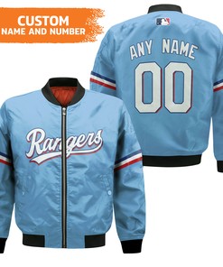 MLB Texas Rangers Custom Name Number Light Blue Bomber Jacket