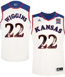 Male Kansas Jayhawks White Andrew Wiggins NCAA Basketball Jersey with Player Pictorial