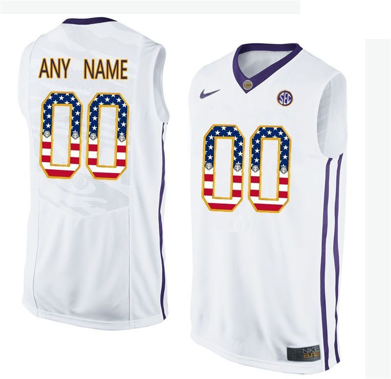 Male LSU Tigers White College Basketball US Flag Fashion Customized Jersey