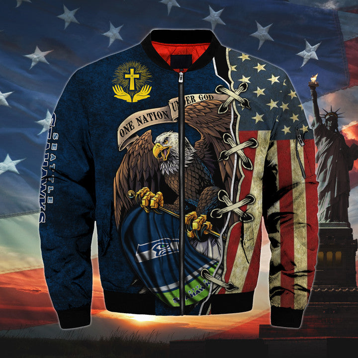 Men's One Nation Under God Seattle Seahawks Bomber Jackets