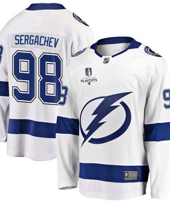 Mikhail Sergachev 98 Tampa Bay Lightning Stanley Cup 2023 Playoffs Patch Away Breakaway Men Jersey - White