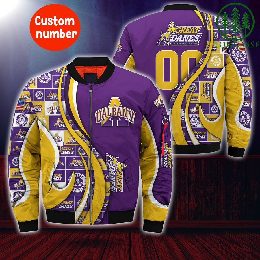 NCAA Albany Great Danes Custom Number Purple Gold Bomber Jacket