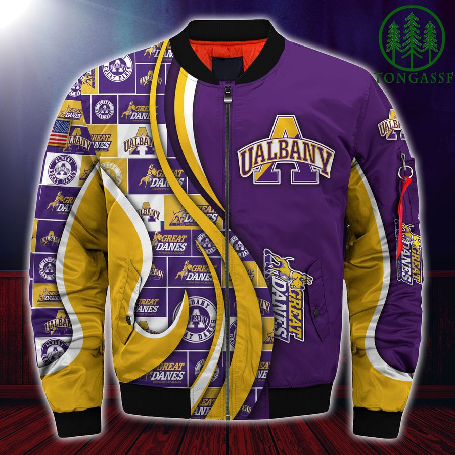 NCAA Albany Great Danes Custom Number Purple Gold Bomber Jacket