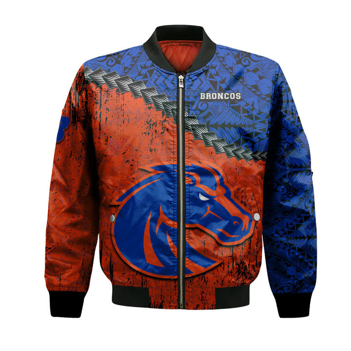 NCAA Boise State Broncos Orange Blue Grunge Polynesian Bomber Jacket