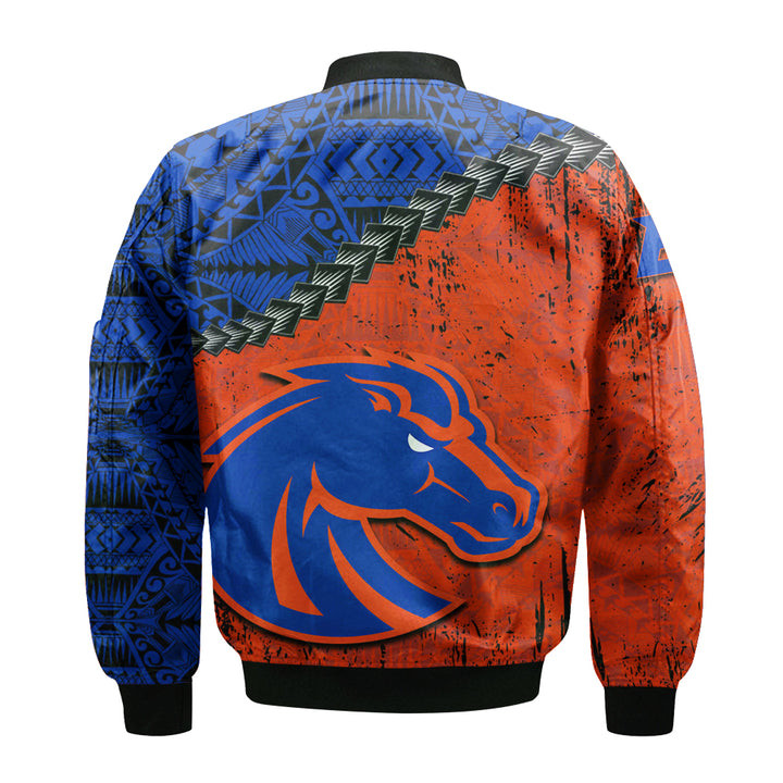 NCAA Boise State Broncos Orange Blue Grunge Polynesian Bomber Jacket