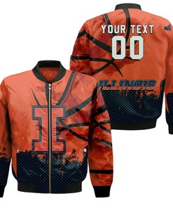 NCAA Illinois Fighting Illini Custom Text Number Orange Blue Bomber Jacket V2