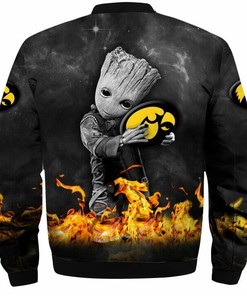 NCAA Iowa Hawkeyes Baby Groot Black Bomber Jacket