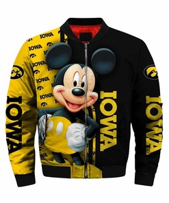 NCAA Iowa Hawkeyes Black Gold Mickey Mouse Bomber Jacket