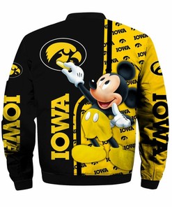 NCAA Iowa Hawkeyes Black Gold Mickey Mouse Bomber Jacket