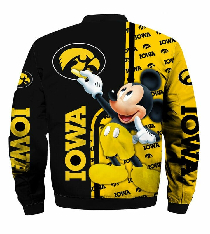NCAA Iowa Hawkeyes Black Gold Mickey Mouse Bomber Jacket