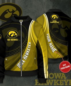 NCAA Iowa Hawkeyes Custom Name Gold Black Bomber Jacket V10