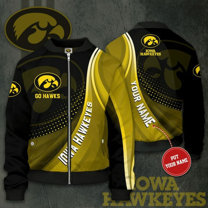 NCAA Iowa Hawkeyes Custom Name Gold Black Bomber Jacket V10