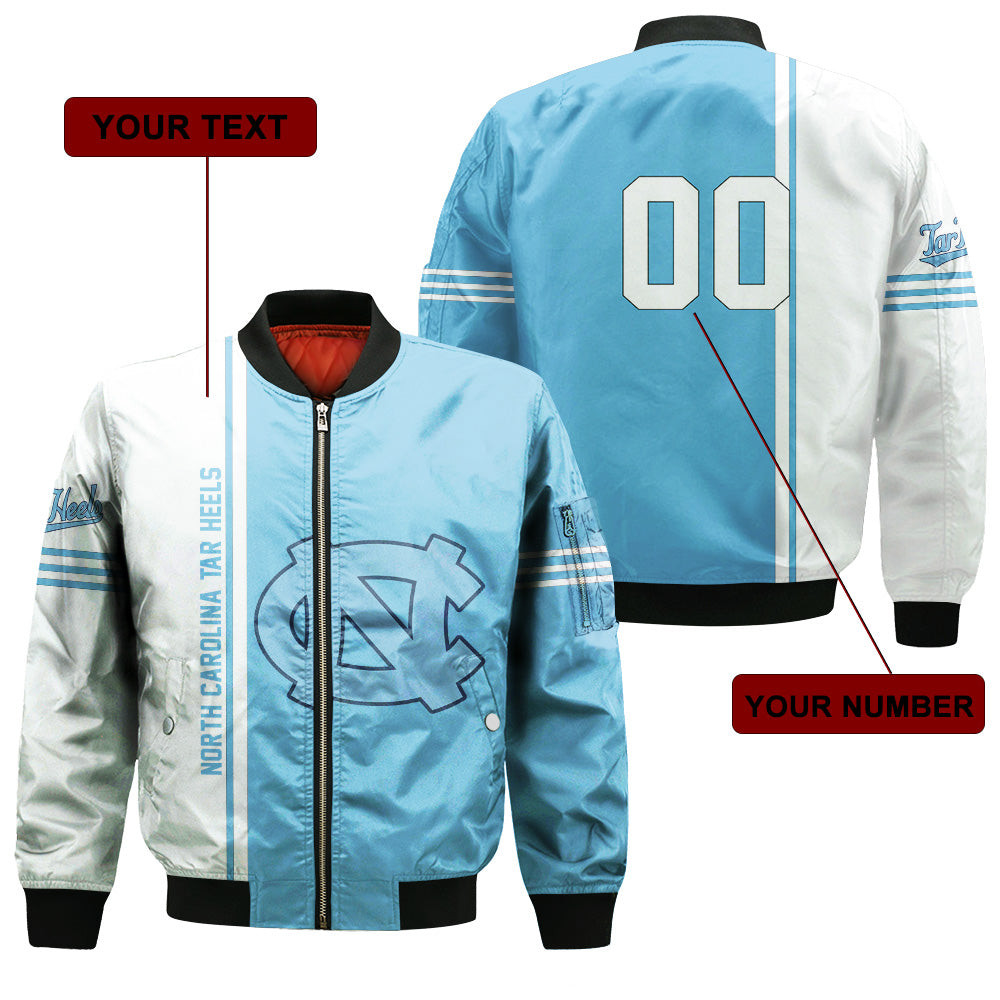 NCAA North Carolina Tar Heels Custom Text Number Blue White Bomber Jacket