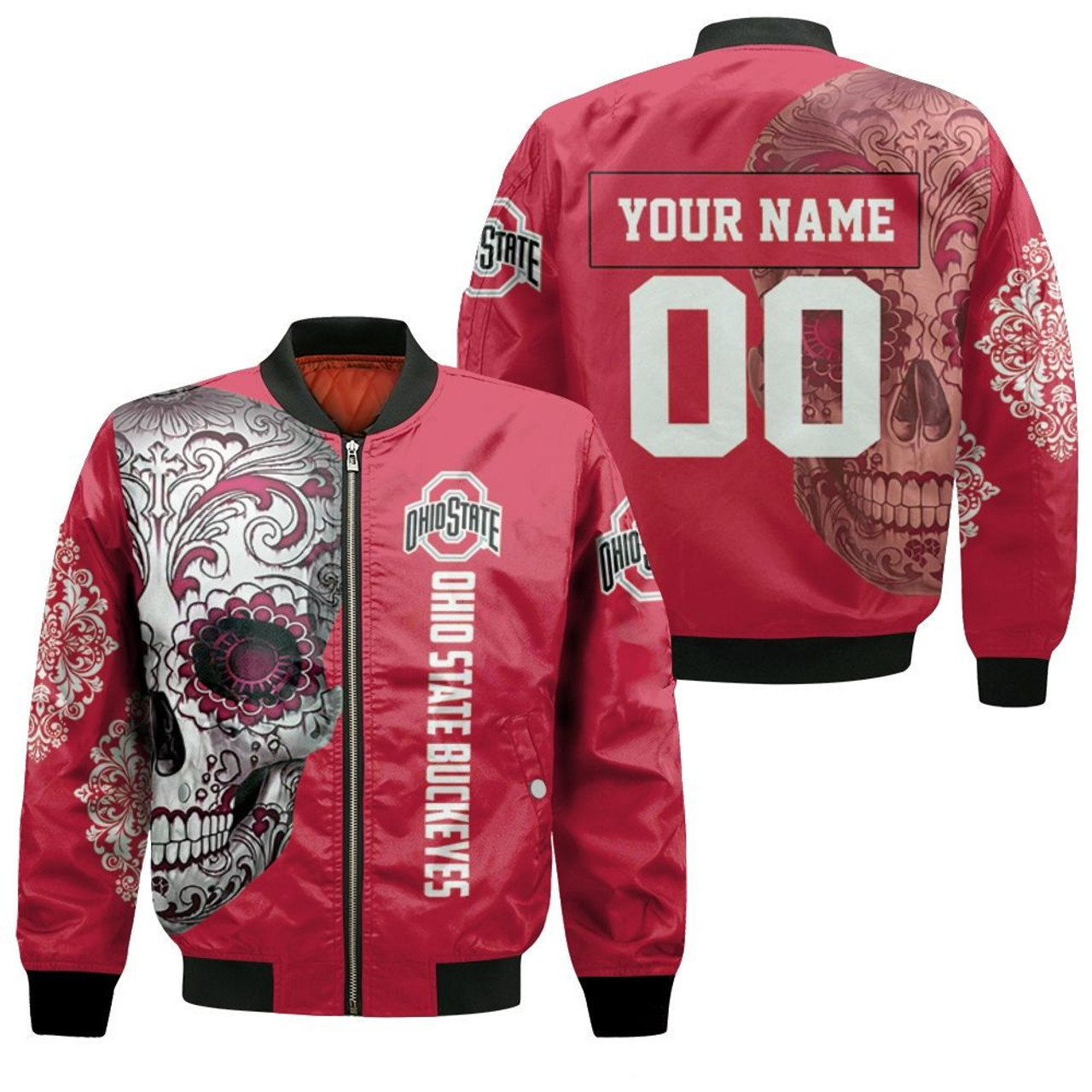 NCAA Ohio State Buckeyes Custom Name Number Sugar Skull Bomber Jacket