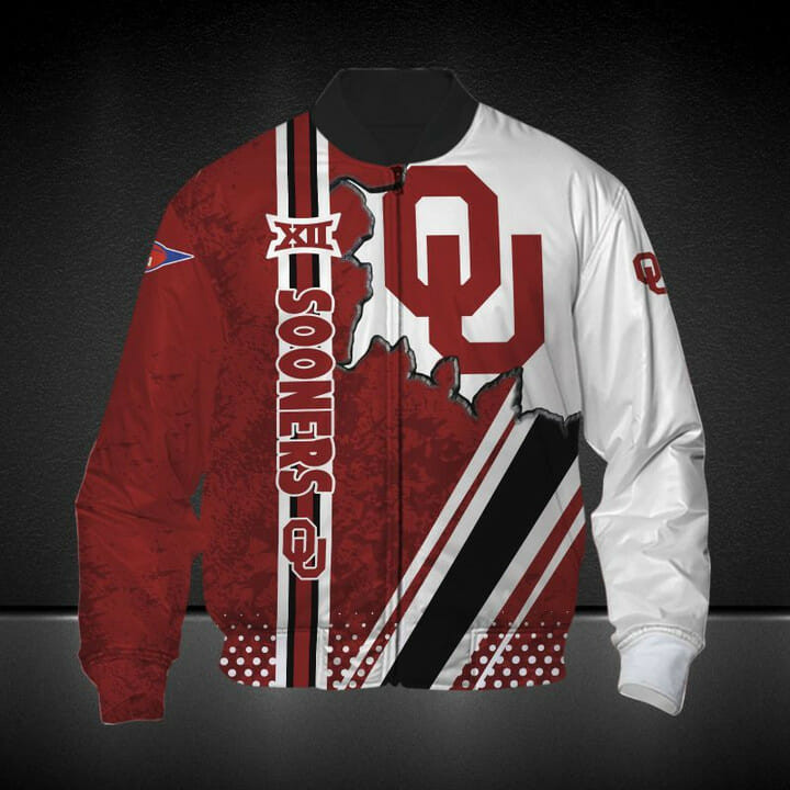 NCAA Oklahoma Sooners Crimson White Bomber Jacket V1