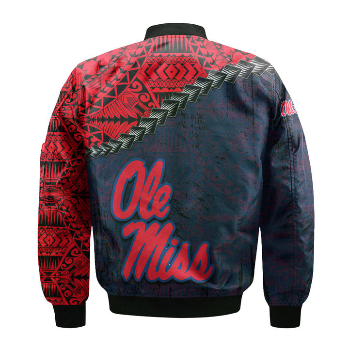 NCAA Ole Miss Rebels Red Blue Grunge Polynesian Bomber Jacket