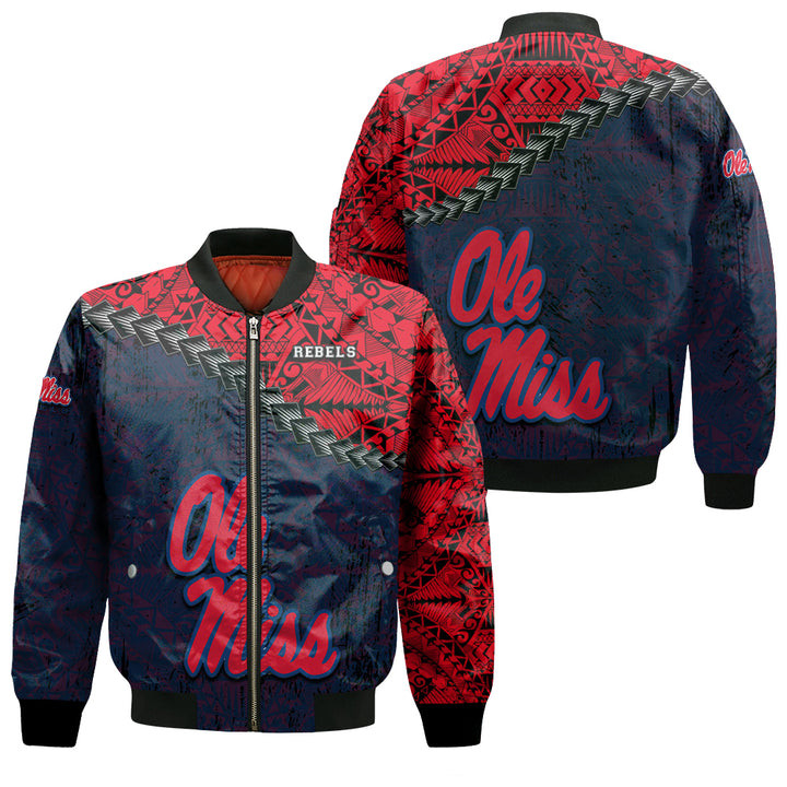 NCAA Ole Miss Rebels Red Blue Grunge Polynesian Bomber Jacket