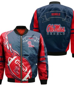 NCAA Ole Miss Rebels Red Flame Ball Blue Bomber Jacket
