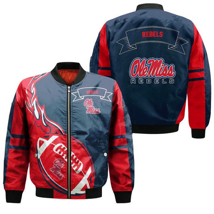 NCAA Ole Miss Rebels Red Flame Ball Blue Bomber Jacket