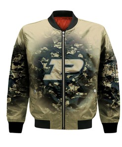 NCAA Purdue Boilermakers Custom Text Number Gold Black Bomber Jacket V12