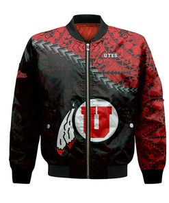 NCAA Utah Utes Black Red Polynesian Grunge Bomber Jacket V6