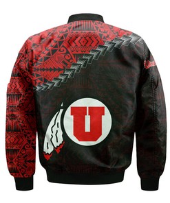 NCAA Utah Utes Black Red Polynesian Grunge Bomber Jacket V6
