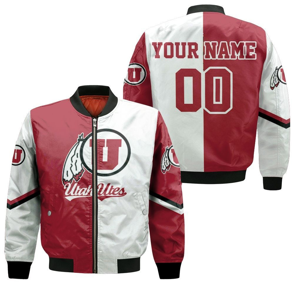 NCAA Utah Utes Custom Name Number Red White Bomber Jacket
