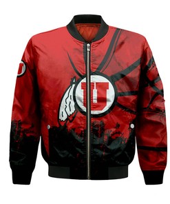 NCAA Utah Utes Custom Text Number Red Black Grunge Bomber Jacket