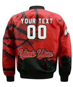 NCAA Utah Utes Custom Text Number Red Black Grunge Bomber Jacket