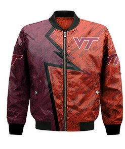 NCAA Virginia Tech Hokies Custom Text Number Maroon Orange Bomber Jacket V8