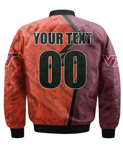 NCAA Virginia Tech Hokies Custom Text Number Maroon Orange Bomber Jacket V8