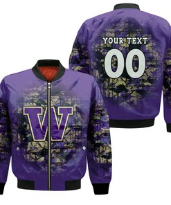 NCAA Washington Huskies Custom Text Number Purple Gold Bomber Jacket V5