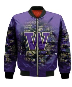 NCAA Washington Huskies Custom Text Number Purple Gold Bomber Jacket V5