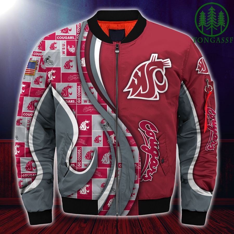 NCAA Washington State Cougars Custom Number Red Grey Bomber Jacket V1