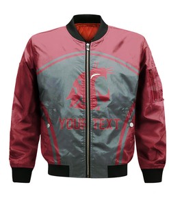 NCAA Washington State Cougars Custom Text Number Red Grey Curve Style Bomber Jacket