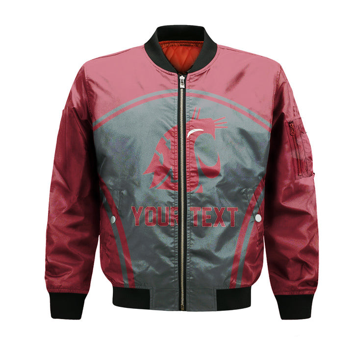 NCAA Washington State Cougars Custom Text Number Red Grey Curve Style Bomber Jacket