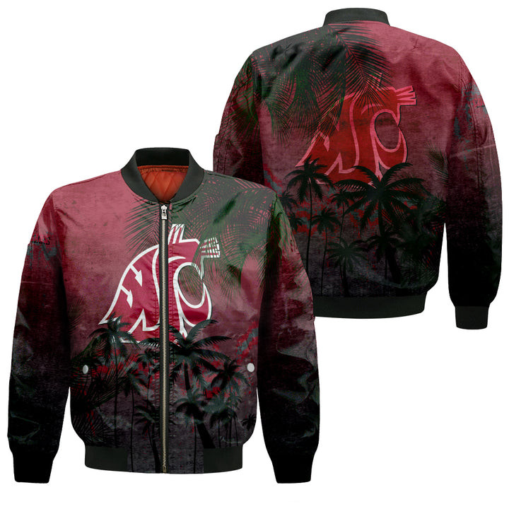NCAA Washington State Cougars Red Coconut Tree Tropical Grunge Bomber Jacket