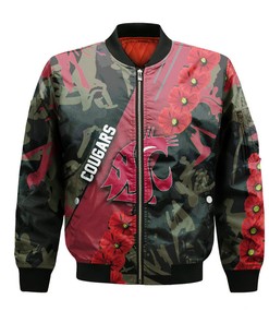 NCAA Washington State Cougars Red Flowers Black Bomber Jacket
