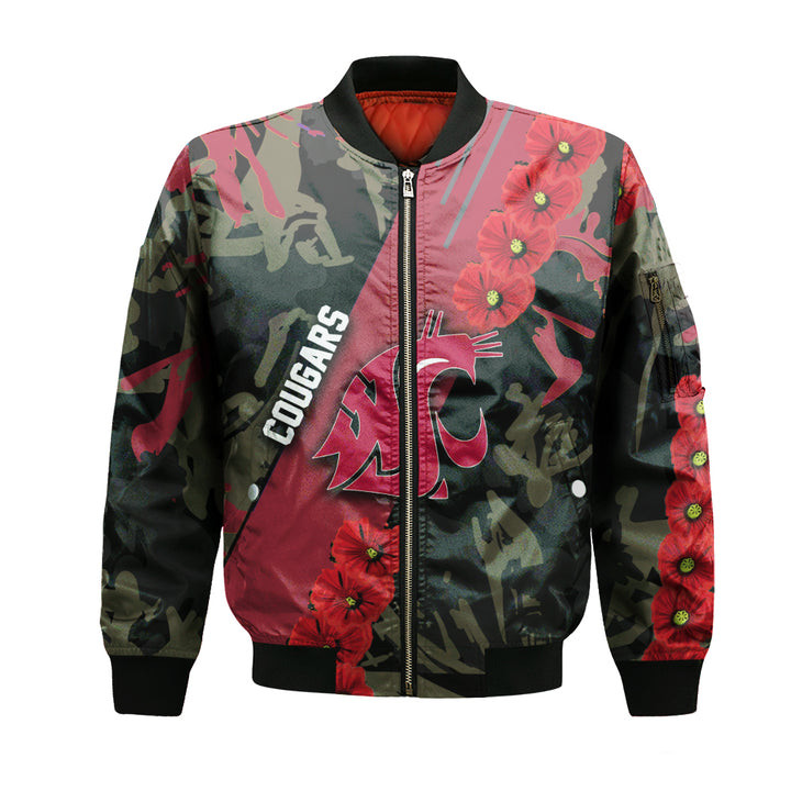 NCAA Washington State Cougars Red Flowers Black Bomber Jacket