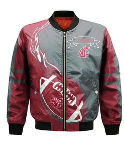 NCAA Washington State Cougars Red Grey Flame Ball Bomber Jacket V2
