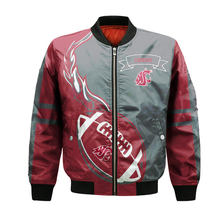 NCAA Washington State Cougars Red Grey Flame Ball Bomber Jacket V2