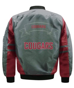 NCAA Washington State Cougars Red Grey Flame Ball Bomber Jacket V2