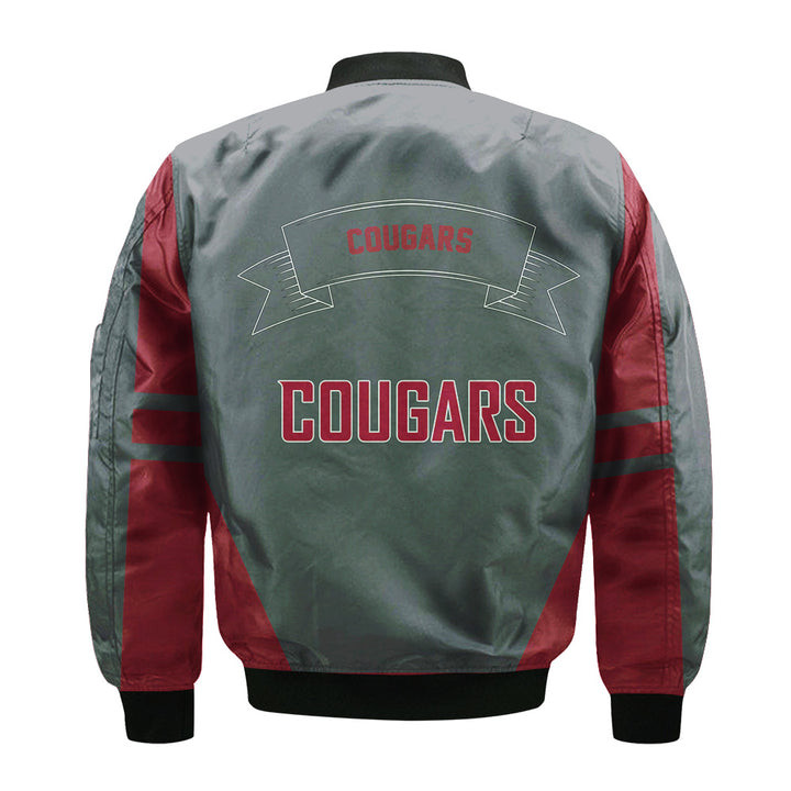 NCAA Washington State Cougars Red Grey Flame Ball Bomber Jacket V2