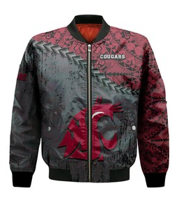 NCAA Washington State Cougars Red Grey Grunge Polynesian Tatto Bomber Jacket