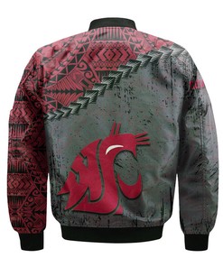 NCAA Washington State Cougars Red Grey Grunge Polynesian Tatto Bomber Jacket