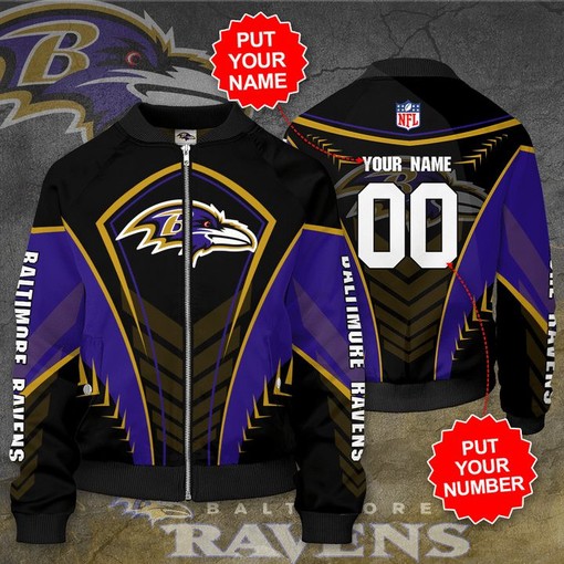 NFL Baltimore Ravens Custom Name Number Black Purple Bomber Jacket