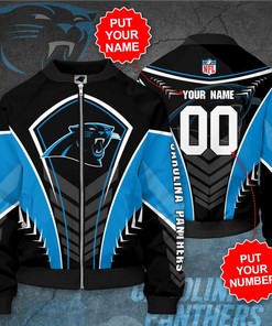 NFL Carolina Panthers Custom Name Black Blue Bomber Jacket V3